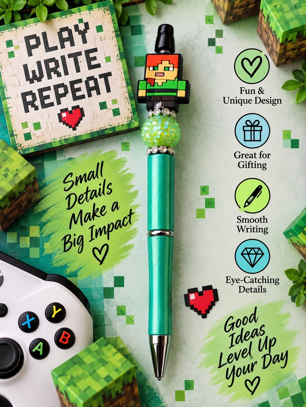 Handmade Green Pixel Character Ballpoint Pen - Gaming Themed!!